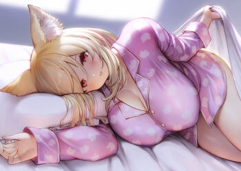 1girl animal_ear_fluff animal_ears bed bed_sheet blonde_hair blush breasts buttons cleavage commentary_request dot_nose gougasha_akira highres hitotsubashi_monaka indie_virtual_youtuber large_breasts lifting_covers long_hair looking_at_viewer lying multicolored_hair night no_pants on_bed on_side open_mouth pajamas pillow pink_pajamas red_eyes solo two-tone_hair virtual_youtuber wolf_ears wolf_girl