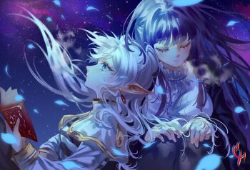 2girls black_coat black_shirt black_thighhighs blue_eyes blunt_bangs book capelet closed_eyes closed_mouth coat coconuthound commentary earrings english_commentary falling_petals fern_(sousou_no_frieren) floating_hair frieren gold_trim hands_on_own_knees high_collar highres holding holding_book jacket jewelry long_hair long_sleeves looking_ahead multiple_girls night night_sky open_book open_clothes open_coat petals pointy_ears purple_hair shirt signature sky sousou_no_frieren striped_clothes striped_shirt thighhighs two-tone_shirt upper_body white_capelet white_hair white_jacket white_shirt