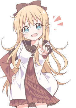 1girl :d absurdres black_sailor_collar blonde_hair blue_eyes bow brown_bow buttons commentary cowboy_shot dress floating_clothes hair_bow hair_ornament hand_on_own_hip hand_up highres hukouco2 index_finger_raised layered_sleeves long_hair long_sleeves looking_at_viewer nanamori_school_uniform open_mouth pleated_dress pointing pointing_at_viewer red_dress sailor_collar sailor_shirt school_uniform shirt short_dress short_over_long_sleeves short_sleeves simple_background smile solo toshinou_kyouko white_background white_shirt yuruyuri