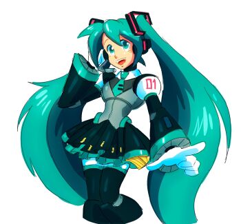 1girl :d armor blue_eyes blue_hair bodysuit commentary drawloverlala english_commentary hatsune_miku highres long_hair looking_at_viewer mechanization mega_man_(series) mega_man_x_(series) number_print open_mouth robot_girl simple_background smile solo twintails white_background