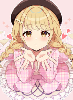 Rule 34 | 1girl, black bow, blonde hair, blush, bow, braid, brown hat, dress, fujita kotone, gakuen idolmaster, hair bow, hair ornament, hat, idolmaster, layered skirt, long hair, long sleeves, looking at viewer, pink background, pink dress, plaid clothes, plaid dress, sakura ran, simple background, skirt, solo, twin braids, yellow eyes