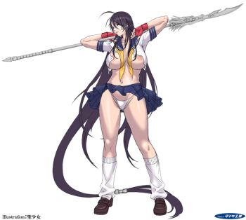 breasts curvy holding holding_weapon huge_breasts ikkitousen kan'u_unchou long_hair non-web_source panties pantyshot polearm school_uniform sei_shoujo shiny_skin shirt spear thighhighs thong torn_clothes torn_shirt underwear very_long_hair weapon wide_hips