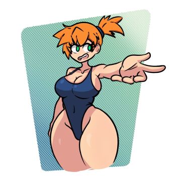 Rule 34 | asymmetrical hair, bare shoulders, blue one-piece swimsuit, breasts, cleavage, covered navel, curvy, green eyes, groin, highleg, large breasts, looking to the side, misty (pokemon), narrow waist, navel, nintendo, one-piece swimsuit, open mouth, orange hair, outstretched arm, plantita feliz, pokemon, pokemon (anime), pokemon (classic anime), pokemon rgby, ponytail, short hair, side ponytail, sideboob, smile, standing, swimsuit, teeth, thick thighs, thighs, upper teeth only, wide hips