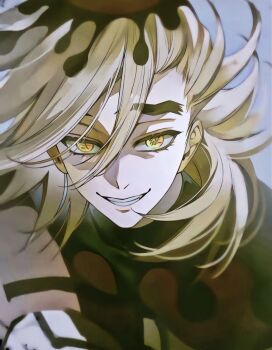 1boy blonde_hair chinese_commentary commentary_request douma_(kimetsu_no_yaiba) hair_between_eyes highres jingshenbingyuanyuanzhang97112 kimetsu_no_yaiba long_hair looking_at_viewer male_focus patterned_hair red_shirt shirt smile solo spiked_hair teeth tight_clothes tight_shirt toned toned_male