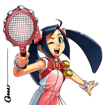 Rule 34 | 1girl, ahoge, ball, black hair, capcom, female focus, justice gakuen, karuizawa momo, lowres, moero! justice gakuen, omar dogan, racket, smile, solo, tennis ball, twintails, upper body