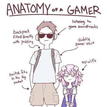 1boy 1girl :3 absurdres anatomy_of_a_gamer_(meme) arrow_(symbol) brown_hair brown_shorts cargo_pants closed_mouth commentary cropped_hoodie d-pad d-pad_hair_ornament drawstring english_text hair_ornament hands_in_pockets height_difference highres hood hoodie looking_at_viewer medium_hair meme neptune_(neptunia) neptune_(series) pants pointing_out_the_details purple_eyes purple_hair short_hair shorts side-by-side sidelocks sigmarizzl33081 simple_background smile smug straight-on sunglasses white_background
