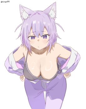 Rule 34 | 1girl, animal ear fluff, animal ears, blue eyes, blue hair, blue jumpsuit, blue pajamas, breasts, cat ears, cat girl, cleavage, furrowed brow, hands on own hips, hanging breasts, highres, hololive, jumpsuit, large breasts, leaning forward, nekomata okayu, off shoulder, open jumpsuit, pajamas, riryn77, short hair, solo, strap slip, symbol in eye, virtual youtuber, x (symbol)