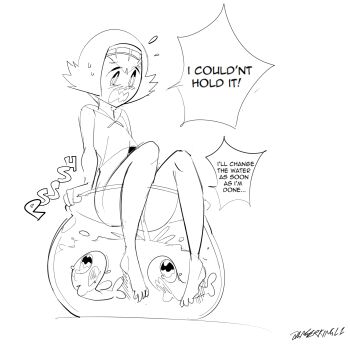 1girl animal barefoot blush bottomless dangerking11 embarrassed fish fishbowl flying_sweatdrops gen_7_pokemon hairband highres lana_(pokemon) loli looking_down looking_up monochrome nintendo open_mouth peeing peeing_in_bowl pokemon pokemon_(creature) pokemon_sm shirt short_hair sitting speech_bubble sweat tank_top tears water wishiwashi