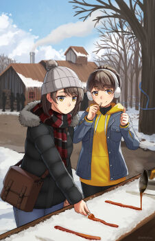 Rule 34 | 2girls, absurdres, bag, bare tree, beanie, black jacket, black pants, blue jacket, blue pants, blue sky, brown eyes, brown hair, building, chimney, closed mouth, cloud, commentary, day, denim, drawstring, earmuffs, fringe trim, fur-trimmed hood, fur trim, grey hat, hat, highres, hood, hood down, hooded jacket, hoodie, jacket, jeans, long sleeves, maple syrup, multiple girls, ndtwofives, open clothes, open jacket, original, outdoors, pants, people, scarf, shoulder bag, silhouette, sky, smile, smoke, striped clothes, striped scarf, thumbs up, tree, yellow hoodie