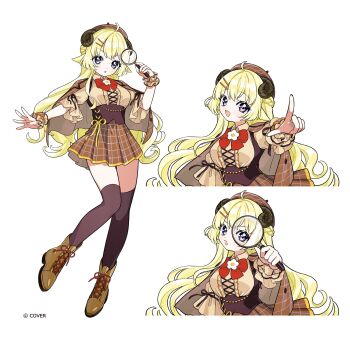 1girl :d :o ahoge amaharu_wasure animal_ears beret black_thighhighs blonde_hair boots bow bowtie braid brown_boots brown_hat brown_jacket brown_shirt brown_skirt center_frills collared_shirt commentary_request copyright_name cross-laced_clothes cross-laced_top framed_breasts frills full_body grid hair_bun hair_ornament hairclip half_up_braid hat highres holding holding_magnifying_glass hololive horns jacket jacket_on_shoulders lace-up_boots long_hair looking_at_viewer magnifying_glass miniskirt nail_polish official_alternate_costume official_art open_mouth orange_nails over-kneehighs pleated_skirt pointing pointing_at_viewer purple_eyes red_bow red_bowtie sheep_ears sheep_girl sheep_horns shirt simple_background single_side_bun skirt smile thighhighs three-quarter_sleeves tsunomaki_watame very_long_hair virtual_youtuber white_background wrist_cuffs