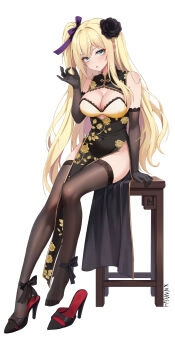 1girl :p blonde_hair blue_eyes breasts china_dress chinese_clothes cleavage dress feet flower hair_flower hair_ornament highres light_blush long_hair looking_at_viewer see-through_clothes see-through_legwear shoes side_ponytail thighhighs toes tongue tongue_out unworn_shoes xnnagu