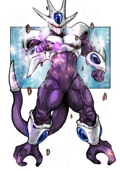 Rule 34 | 1boy, absurdres, aiming, alien, armor, biceps, black nails, breastplate, colored skin, commentary, cooler (dragon ball), cooler (fifth form) (dragon ball), dragon ball, dragonball z, energy ball, forehead jewel, fox udon, glowing, glowing eyes, highres, horns, incoming attack, mask, mouth mask, muscular, muscular male, no humans, no pupils, purple skin, red eyes, rock, shoulder armor, signature, solo, tail, vambraces, water, waterfall, wet, white background