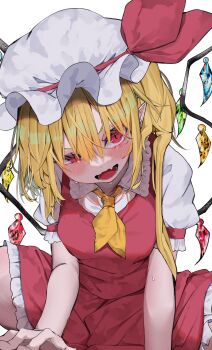 1girl absurdres ascot blonde_hair blush commentary_request crystal_wings flandre_scarlet hat hat_ribbon highres kararage_tsune looking_at_viewer mob_cap multicolored_wings open_mouth red_eyes red_ribbon red_skirt red_vest ribbon shirt short_sleeves simple_background skirt solo touhou vest white_background white_hat white_shirt wings yellow_ascot