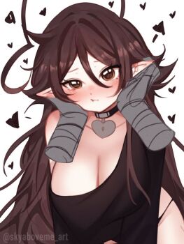 ahoge artist_name black_choker black_panties blush breasts brown_eyes brown_hair choker cleavage commentary crop_top double-parted_bangs ear_fondling english_commentary hands_on_another's_ears head_on_hand heart heart-shaped_lock heart_ahoge heart_choker huge_ahoge indie_virtual_youtuber large_breasts leaning_forward lock long_hair no_pants oversized_clothes panties pointy_ears pov pov_hands signature simple_background single_bare_shoulder sky_above_me sky_above_me_(vtuber) underwear virtual_youtuber white_background