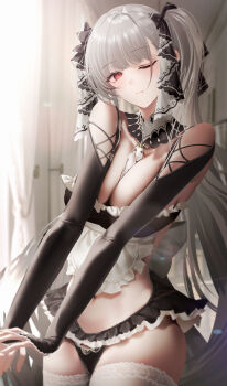 1girl absurdres apron azur_lane bare_shoulders between_breasts black_dress black_panties blurry breasts bridal_gauntlets cleavage closed_mouth clothing_cutout collarbone commentary criss-cross_strings curtains depth_of_field dress english_commentary formidable_(azur_lane) frilled_dress frills grey_hair hair_ribbon head_tilt highres indoors junpaku_karen large_breasts long_hair looking_at_viewer navel_cutout necktie necktie_between_breasts one_eye_closed own_hands_together panties red_eyes ribbon solo standing stretching thighhighs thighs twintails underwear very_long_hair white_apron white_thighhighs