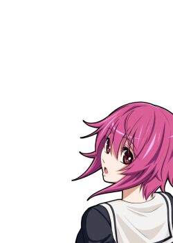 1girl :o black_dress chaos;child commentary_request dress eibon hekiho_academy_school_uniform highres looking_back onoe_serika pink_eyes pink_hair sailor_collar school_uniform science_adventure shiny_eyes short_hair_with_long_locks solo tongue white_sailor_collar