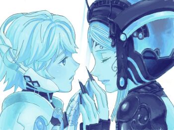 Rule 34 | 2019, 2girls, artist request, blush, closed eyes, closed mouth, cyborg, facial mark, fingernails, fiora (xenoblade), imgur, jewelry, long fingernails, long hair, looking at another, mecha-fiora, mechabare, mechanical arms, mechanical hands, meyneth (xenoblade), monochrome, monolith soft, multiple girls, nintendo, sad, short hair, white background, xenoblade chronicles (series), xenoblade chronicles 1