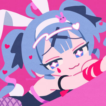 1girl animal_ears aqua_hair black_leotard blue_eyes blue_hair breasts chibi commentary english_commentary facial_mark fake_animal_ears fishnet_pantyhose fishnets hair_ornament hatsune_miku highres leotard long_hair looking_at_viewer lying no_lineart on_stomach open_mouth pantyhose pink_background playboy_bunny rabbit_ears rabbit_hole_(vocaloid) solo teardrop_facial_mark tsui twintails vocaloid x_hair_ornament