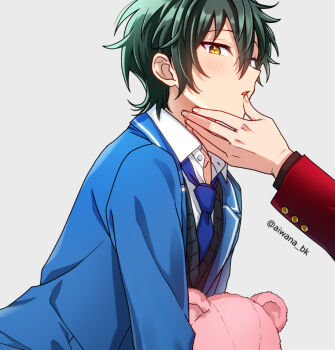 2boys aiwana black_sweater blue_eyes blue_jacket blue_necktie blush collared_shirt commentary ensemble_stars! fang fingernails green_hair grey_background hair_between_eyes hand_on_another's_face heterochromia itsuki_shu jacket kagehira_mika lapels layered_clothes long_sleeves looking_at_viewer male_focus multiple_boys necktie notched_lapels open_collar out_of_frame parted_lips school_uniform shirt short_hair simple_background skin_fang stuffed_animal stuffed_toy sweater symbol-only_commentary teddy_bear twitter_username v-neck valkyrie_(ensemble_stars!) wing_collar yellow_eyes yumenosaki_school_uniform