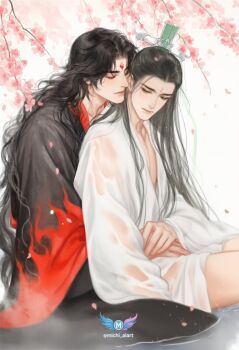 2boys adam's_apple arms_around_waist artist_logo bindi bittersweetao3 black_hair black_hanfu branch chinese_clothes closed_eyes closed_mouth cowboy_shot curly_hair curtained_hair dripping falling_petals flame_print flower hair_pulled_back half_updo hanfu heads_together highres hug hug_from_behind light_particles logo long_hair long_sleeves looking_at_another luo_binghe male_focus multiple_boys parted_bangs partially_submerged pectoral_cleavage pectorals petal_on_head petals pink_lips pink_petals plum_blossoms renzha_fanpai_zijiu_xitong ribboned_xiao_guan robe see-through_robe shen_qingqiu sidelocks straight_hair twitter_username very_long_hair wet wet_clothes white_background white_robe wide_sleeves yaoi zuiyin