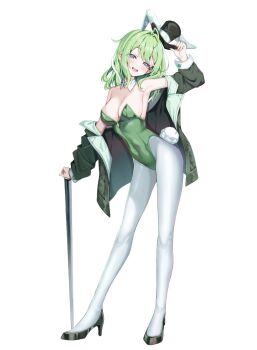 1girl animal_ears black_hat black_shoes breasts cleavage covered_navel detached_collar fake_animal_ears fake_tail full_body green_hair green_jacket green_leotard ha_en hand_up hashtag-only_commentary hat high_heels highres jacket large_breasts leotard long_sleeves looking_at_viewer medium_hair multicolored_hair open_clothes open_jacket open_mouth pantyhose rabbit_ears rabbit_tail shoes simple_background smile solo standing stellive streaked_hair tail teeth top_hat upper_teeth_only virtual_youtuber white_background white_hair white_pantyhose wing_collar yuzuha_riko