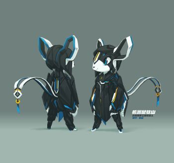 1boy 2017 absurdres animal_ears black_hair black_skin blue_eyes chibikemo chinese_commentary cloak colored_skin commentary digitigrade electric_hearts english_commentary from_behind furry furry_male highres joints krita_(medium) mechanical_hair mouse_(animal) mouse_ears mouse_tail original rat_boy reference_sheet robot robot_joints self-portrait simple_background standing tail tonyn_the_robot_rat tyson_tan