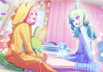 3girls absurdres animal_ears bedroom blue_hair blue_pajamas blue_socks cat_ears closed_eyes controller cosplay curtains game_controller green_hair highres indoors kusanagi_nene long_hair long_sleeves low-tied_sidelocks mishio_(misio_40) multiple_girls onesie ootori_emu open_mouth pajamas pink_hair project_sekai purple_eyes sidelocks sitting smile socks striped_clothes striped_socks stuffed_animal stuffed_rabbit stuffed_toy teeth upper_teeth_only wariza