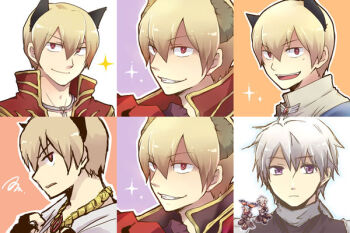 Rule 34 | 2boys, acolyte (ragnarok online), animal ears, assassin cross (ragnarok online), blonde hair, cat boy, cat ears, chiya (beastbeast), closed mouth, coat, commentary request, grey hair, grin, looking at viewer, male focus, multiple boys, multiple views, priest (ragnarok online), purple eyes, ragnarok online, red coat, red eyes, short hair, smile