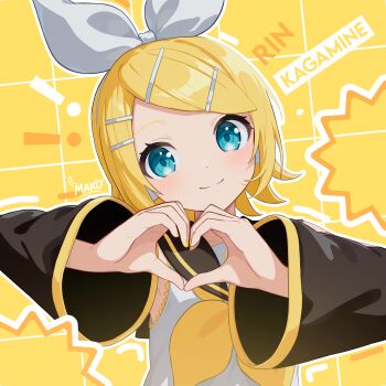Rule 34 | 1girl, absurdres, aqua eyes, bare shoulders, blonde hair, bow, hair ornament, hairclip, heart, heart hands, highres, kagamine rin, looking at viewer, makito.01, medibang paint (medium), neckerchief, number tattoo, short hair, smile, tattoo, treble clef, vocaloid, white bow, yellow nails, yellow neckerchief