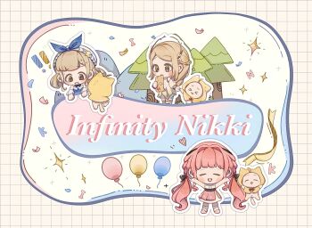 ! !! 3girls :o ^_^ arms_up balloon bare_arms bare_shoulders belt beret black_belt black_bow black_ribbon blonde_hair blue_bow blue_bowtie blue_dress blunt_bangs blush_stickers bow bowtie braid brown_eyes brown_ribbon bubbly_voyage_(infinity_nikki) buttons cat chinese_commentary cloak closed_eyes collared_dress commentary_request confetti copyright_name detached_sleeves dress ear_covers flower fox39367 frilled_shirt frills gradient_clothes gradient_dress green_dress grid_background hair_bow hair_flower hair_intakes hair_ornament hair_ribbon hairclip happy hat hat_bow hat_ornament highres holding holding_hands holding_map hood hood_up hooded_cloak infinity_nikki jumping kneehighs layered_skirt leg_ribbon long_hair long_sleeves low-tied_long_hair low_twintails map medium_dress medium_skirt momo_(nikki) mountain multiple_girls multiple_persona multiple_views navel nikki_(nikki) nikki_(series) open_mouth outline outside_border pink_hair pink_shoes pink_skirt pleated_dress pleated_skirt print_dress puffy_long_sleeves puffy_sleeves rabbit_hair_ornament red_bow red_bowtie ribbon see-through_clothes shirt shoes short_sleeves sidelocks skirt sleeveless sleeveless_shirt smile snowflake_print socks sparkle star_(symbol) star_hat_ornament strapless strapless_dress sweat traditional_bowtie tree tress_ribbon twin_braids twintails two-tone_dress very_long_hair wavy_hair white_background white_cat white_dress white_flower white_hat white_outline white_shirt white_skirt white_sleeves white_socks wind_of_purity_(infinity_nikki) yellow_cloak