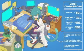 19vodnik 2girls absurdres animal_ear_fluff artist_name bell binder black_leggings black_shirt blue_hair blueprint_(object) book book_stack cable chair coffee coffee_mug commentary computer computer_mouse computer_tower crumpled_paper cup desk desk_lamp dot_nose drawer drawing_tablet drink english_commentary english_text fork glasses gun hair_between_eyes hair_ornament hairpin handgun high_tops highres holding holding_cup holding_pencil lab_coat lamp laptop leggings light_bulb long_sleeves mechanical_arms military_vehicle miniskirt monitor motor_vehicle mug multiple_girls multiple_monitors neck_bell neco-arc notebook opaque_glasses original oscilloscope paper_stack pencil plate power_strip purple_skirt rolled_up_paper rug ruler shirt shoes sidelocks skirt smile sneakers solo_focus sticky_note swivel_chair table tank trash_can turtleneck twitter_username weapon white_shoes wide_ponytail