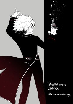 1boy anniversary classicaloid commentary_request conductor conductor_baton forked_eyebrows from_behind green_eyes greyscale highres jacket kusano_gurima long_sleeves ludwig_van_beethoven_(classicaloid) male_focus monochrome pants short_hair solo tailcoat two-tone_background