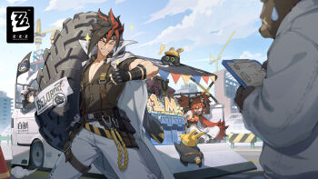 2boys 2girls animal_ear_hairband animal_ears anton_ivanov asymmetrical_gloves bangboo_(zenless_zone_zero) bear_boy bear_ear_hairband bear_ears ben_bigger black_gloves black_hair black_shirt blue_sky brown_fur car closed_eyes cloud coat coat_on_shoulders collar commentary construction_site crane_(machine) crop_top elbow_gloves english_commentary eyepatch fake_animal_ears fingerless_gloves flame_print furry furry_male gloves goggles goggles_on_head grace_howard grin hair_ornament hairband hand_on_own_head headband highres holding holding_notepad jumpsuit jumpsuit_around_waist koleda_belobog long_hair looking_at_another metal_collar motor_vehicle multicolored_hair multiple_boys multiple_girls muscular muscular_male notepad official_art one_eye_closed open_mouth outdoors pants parted_lips pectorals red_eyes red_hair red_streaks safety_(zenless_zone_zero) scar scar_across_eye scar_on_face shirt single_elbow_glove sky smile sparkle sphere_hair_ornament spiked_hair streaked_hair striped_headband sweatdrop thumbs_up traffic_cone unused_tire white_coat white_gloves white_pants zenless_zone_zero