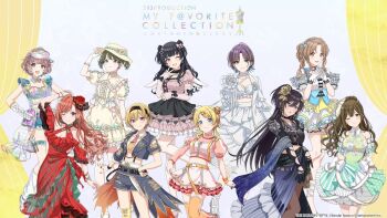 angel_wings arisugawa_natsuha asakura_toru bare_shoulders blue_eyes bow breasts curtains dress earrings gloves hachimiya_meguru hair_ornament ichikawa_hinana idolmaster idolmaster_shiny_colors ikuta_haruki jewelry kuwayama_chiyuki mayuzumi_fuyuko multiple_girls nanakusa_nichika official_art pink_bow saijo_juri shirase_sakuya socks white_dress white_gloves white_socks wings