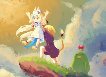 2girls absurdres ahoge animal_ear_fluff animal_ears blonde_hair blue_streaks cat_ears cliff commentary dooby dress fins fish_girl fish_tail highres indie_virtual_youtuber kippu_(dooby) lifebuoy_hair_ornament lifting_person long_hair low_twintails meme multicolored_hair multiple_girls outdoors overalls parody rafiki_holding_simba_(meme) sameko_saba scene_reference short_hair streaked_hair symbol-only_commentary tail the_lion_king twintails very_long_hair virtual_youtuber vonv_(sejvon) white_dress