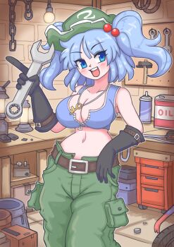 Rule 34 | 1girl, :d, belt, black gloves, blue eyes, blue tank top, blush, breasts, chain, cleavage, commentary request, flat cap, gloves, green hat, green pants, hair bobbles, hair ornament, hat, holding, holding wrench, indoors, jewelry, kawashiro nitori, key, lamp, large breasts, light bulb, medium hair, navel, open mouth, pants, partially unzipped, pendant, smile, solo, tank top, teeth, temu, touhou, two side up, upper teeth only, wrench