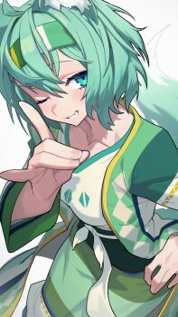 1girl ;) animal_ear_fluff animal_ears belt breasts commission fang fox_girl fox_shadow_puppet fox_tail green_eyes green_hair green_headband green_jacket green_skirt green_tail grin hata4564 headband highres jacket looking_at_viewer medium_breasts one_eye_closed original shirt short_hair simple_background skeb_commission skin_fang skirt smile solo tail white_background white_belt white_shirt
