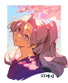 Rule 34 | 1boy, :o, ayabe kihachirou, bishounen, blue background, border, cherry blossoms, cropped shoulders, curtained hair, dappled sunlight, dated, day, expressionless, facing up, falling petals, flower, forehead, grey eyes, grey hair, haun, high ponytail, japanese clothes, kimono, long hair, looking up, male focus, open mouth, petals, pink flower, pink petals, ponytail, purple kimono, rakudai ninja rantarou, solo, sunlight, white border