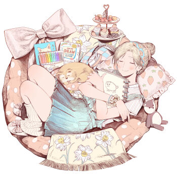 1girl blue_skirt blush book bow bracelet brown_hair commentary_request cookie crayon dessert earrings floral_print food food_print footwear_bow fruit_print hair_bun hairband headphones highres hoop_earrings hugging_object jewelry large_bow leg_warmers lying murashige_yuzuki on_back pillow pleated_skirt print_hairband sketchbook skip_to_loafer skirt sleeping solo strawberry_print stuffed_animal stuffed_toy tanzao tiered_tray unworn_headphones white_leg_warmers