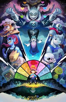 alphys arthropod_girl asgore_dreemurr asriel_dreemurr asriel_dreemurr_(god_of_hyperdeath) crown everyone evil_smile fangs flowey_(undertale) frisk_(undertale) furry glasses goat_horns heart highres hood hoodie horns looking_at_viewer mettaton mettaton_(box) mini_crown monster_boy monster_girl monster_kid_(undertale) muffet napstablook onemegawatt papyrus_(undertale) sans_(undertale) scarf sharp_teeth shorts smile spoilers teeth toriel undertale undyne utdr_(toby_fox)