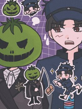 >_< 1boy 1girl black_hair blush crying diamond_(shape) fishing_line fishing_rod full_body highres maruko_gaku mask mask_on_head money oosuzuki_kurara purple_background red_eyes simple_background sweatdrop tears teeth the_hundred_line_-last_defense_academy- tomato upper_body upper_teeth_only