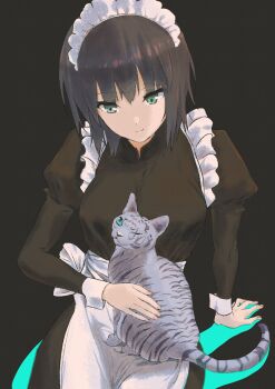 1girl absurdres alternate_costume animalization aoi_erika apron black_background black_dress black_hair breasts byakko_(heaven_burns_red) cat closed_mouth commentary_request cowboy_shot dress enmaided eyes_visible_through_hair frilled_apron frills green_eyes grey_cat hair_between_eyes heaven_burns_red highres juliet_sleeves large_breasts long_sleeves looking_at_another maid maid_apron maid_headdress medium_hair one_eye_closed petting puffy_sleeves raimuminnt scar scar_across_eye scar_on_face simple_background sitting smile solo split_mouth white_apron