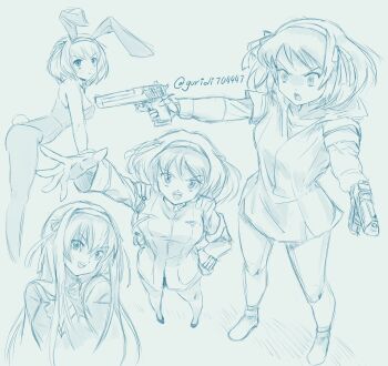 1girl dual_wielding gun guridisama handgun highres holding holding_gun holding_weapon jacket long_hair medium_hair monochrome multiple_views pantyhose playboy_bunny shoes sketch suzumiya_haruhi suzumiya_haruhi_no_yuuutsu weapon