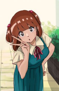 breasts brown_eyes brown_hair hand_against_hip hedge highres long_skirt maison_ikkoku medium_breasts medium_hair parted_lips path poppowerhearts road skirt stone_walkway v yagami_ibuki