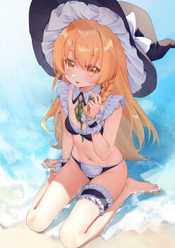 1girl :p absurdres alternate_costume bad_id bad_pixiv_id beach bikini black_bikini black_wrist_cuffs blonde_hair blush bow braid breasts detached_collar frilled_thigh_strap frilled_wrist_cuffs frills green_ribbon has_bad_revision has_downscaled_revision hat hat_bow highres kirisame_marisa long_hair looking_at_viewer maid maid_bikini md5_mismatch navel neck_ribbon ocean poppy_(poppykakaka) resolution_mismatch ribbon sand seiza side_braid single_braid sitting small_breasts solo source_smaller stomach swimsuit thigh_strap tongue tongue_out touhou unconventional_maid very_long_hair wet witch_hat wrist_cuffs yellow_eyes