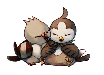 animal_focus bird bluekomadori closed_eyes full_body gen_4_pokemon gen_5_pokemon highres nintendo no_humans open_mouth pidove pokemon pokemon_(creature) simple_background sitting starly white_background