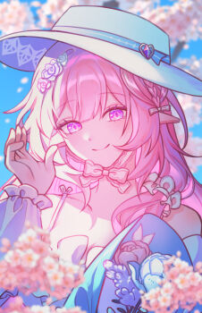 Rule 34 | 1girl, bare shoulders, blue sky, blurry, blurry background, blurry foreground, cherry blossoms, closed mouth, collarbone, commentary request, cyrene (demiurge) (honkai: star rail), cyrene (demiurge) (keeping promise) (honkai: star rail), cyrene (honkai: star rail), day, depth of field, diamond-shaped pupils, diamond (shape), hand up, hat, highres, honkai: star rail, honkai (series), korean commentary, long hair, long sleeves, looking at viewer, official alternate costume, outdoors, pink hair, pointy ears, purple eyes, sidelocks, sky, smile, solo, symbol-shaped pupils, upper body, white hat, yuseol art