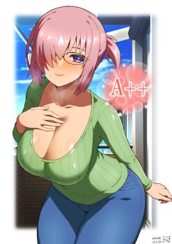 Rule 34 | 1girl, blue pants, blush, breasts, cleavage, fate/grand order, fate (series), glasses, green shirt, guriguri (arayotto4351), hair over one eye, highres, large breasts, long sleeves, looking at viewer, mash kyrielight, pants, pink hair, ponytail, purple eyes, shirt, short hair, short ponytail, smile, solo, thighs