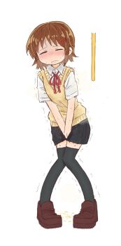 1girl between_legs black_thighhighs blue_skirt blush breath brown_hair brown_shoes closed_eyes closed_mouth collared_shirt embarrassed female_focus flat_chest full_body hair_ornament hairclip hand_between_legs have_to_pee knees_together_feet_apart large_variant_set leaning_forward miniskirt neck_ribbon nose_blush original own_hands_together pee peeing peeing_self pigeon-toed pleated_skirt ponnu_(tnpn2yw) red_ribbon ribbon school_uniform shirt shoes short_hair short_sleeves sidelocks simple_background skirt solo split_mouth standing steam sweat sweater_vest tears thighhighs trembling urine_meter v_arms variant_set vest wavy_mouth wet wet_clothes wet_skirt white_background white_shirt yellow_vest zettai_ryouiki