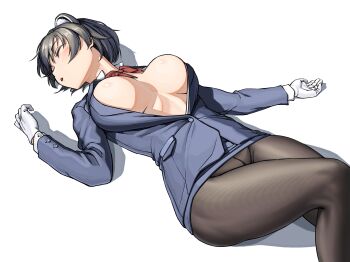 1girl :o animal_ears black_hair black_jacket black_pantyhose black_skirt blue_archive blush bow bowtie breasts cleavage closed_eyes commentary extra_ears gloves hair_between_eyes highres jacket large_breasts long_sleeves lying miniskirt mokupa no_bra no_halo no_shirt official_alternate_costume on_back pantyhose parted_lips pencil_skirt raccoon_ears raccoon_girl red_bow red_bowtie shadow short_hair sidelocks simple_background skirt sleeping solo tour_guide tsubaki_(blue_archive) tsubaki_(guide)_(blue_archive) white_background white_gloves